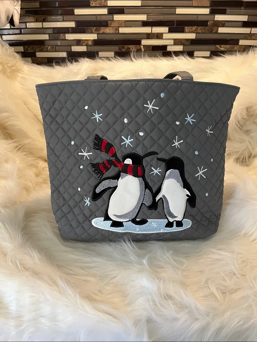 Vera Bradley Quilted Gray Penguin Tote with Red Accents - Picture 1 of 6